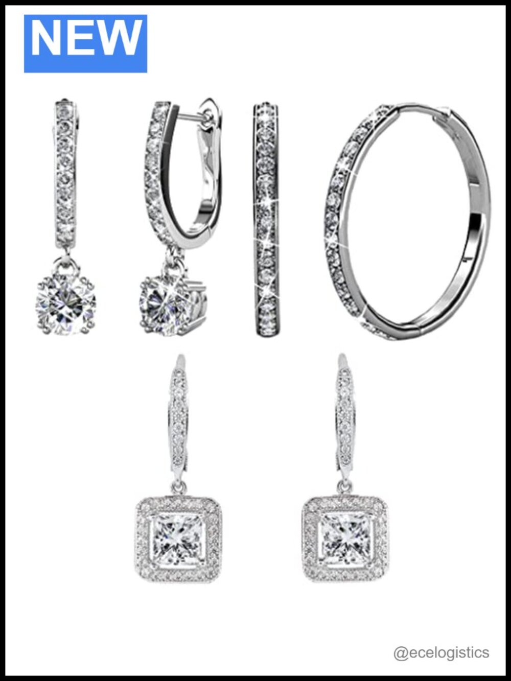 18K White Gold Crystal Hoop Earrings Set 2 Pairs Hinged Hoops